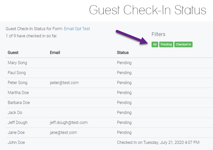 Filter Check-In Guest